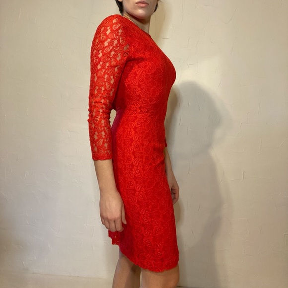 Vintage Early 80s Fire Red Open Back Lace Dress - Picture 3 of 9